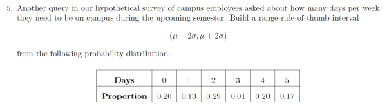5. Another query in our hypothetical survey of campus employees asked about how many days per week they need to be on campus