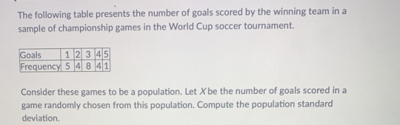 The following table presents the number of goals scored by the winning team in a sample of championship games in the World Cu
