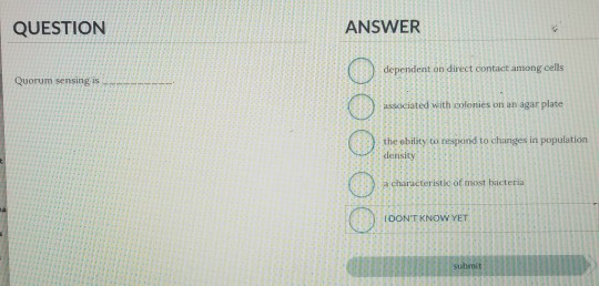 QUESTION ANSWER dependent on direct contact among cells Quorum sensing is associated with colonies on an agar plate Ž OOO OO