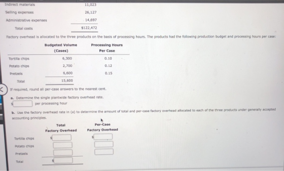 Indirect materials Selling expenses 11,023 26,127 Administrative expenses 14,697 Total costs $122,472 Factory overhead is all