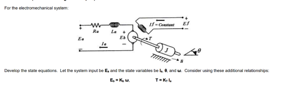 For the electromechanical system If - ConstantEJ Ra a + Ea Eb Ia Develop the state equations. Let the system input be E, and the state variables be la, θ, and u. Consider using these additional relationships: T=Krla