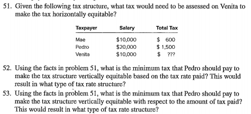 51. Given the following tax structure, what tax would need to be assessed on Venita to make the tax horizontally equitable? Taxpayer Mae Pedro Venita SalaryTotal Tax $10,000 $20,000 $10,000 $ 600 $1,500 ?77 52. Using the facts in problem 51, what is the minimum tax that Pedro should pay to make the tax structure vertically equitable based on the tax rate paid? This would result in what type of tax rate structure? 53. Using the facts in problem 51, what is the minimum tax that Pedro should pay to make the tax structure vertically equitable with respect to the amount of tax paid? This would result in what type of tax rate structure?