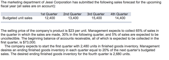 The marketing department of Jessi Corporation has submitted the following sales forecast for the upcoming fiscal year (all sa