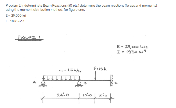 Problem 2 Indeterminate Beam Reactions (50 pts.) determine the beam reactions (forces and moments) using the moment distribution method, for figure one. E 29,000 ksi に1830 in®4 FIGURE I PIsk 3 24-o