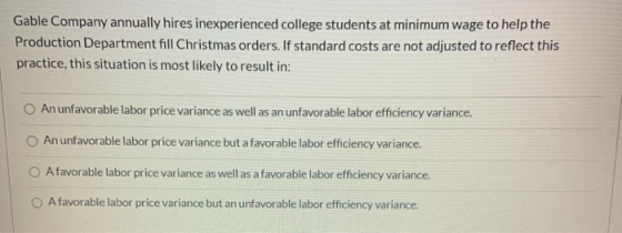 Gable Company annually hires inexperienced college students at minimum wage to help the Production Department fill Christmas