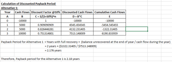 Calculation of Discounted Payback Period Altenative 1: Year Cash Flows Discount Factor @10% Discounted Cash Flows Cumulative
