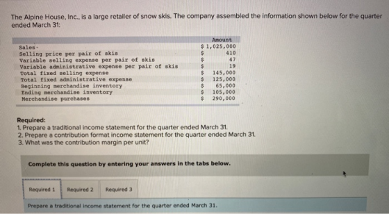 The Alpine House, Inc., is a large retailer of snow skis. The company assembled the information shown below for the quarter e