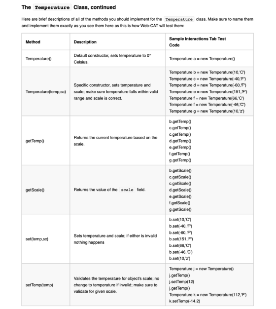 The Temperature Class, continued Here are brief descriptions of all of the methods you should implement for the Temperature c