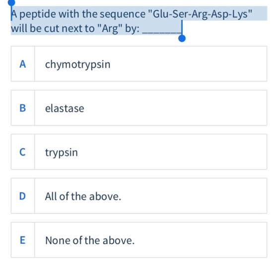 A peptide with the sequence Glu-Ser-Arg-Asp-Lys will be cut next to Arg by: chymotrypsin elastase trypsin D. All of the a