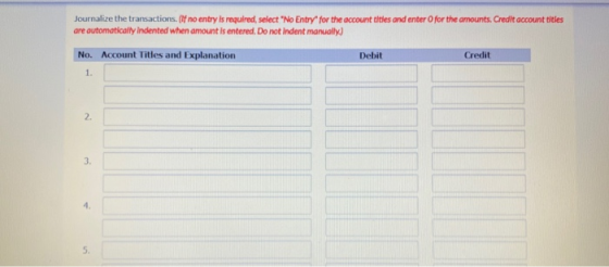 Journalize the transactions. If no entry is required, select No Entry for the account titles and enter for the amounts. Cred
