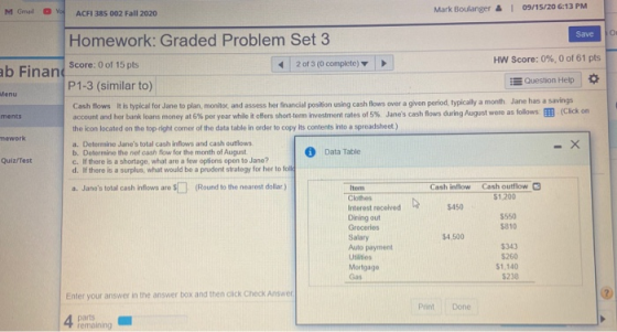 M Gmail Yo ACFI 385 002 Fall 2020 Mark Boulanger & ! 09/15/20 6:13 PM Save O Homework: Graded Problem Set 3 Score: 0 of 15 pt