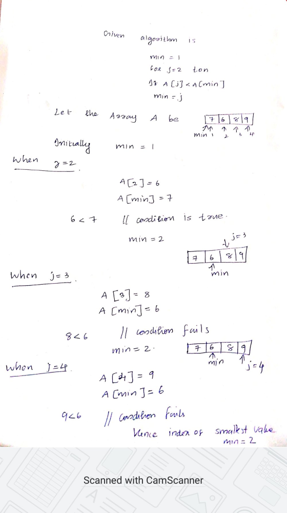 hiven algorithm is min = 1 for s=2 ton 13 A[j] <A (min min =j Let the Asray A be 1716 819] M a ↑ min 1 2 3 4 min = 1 when g=2