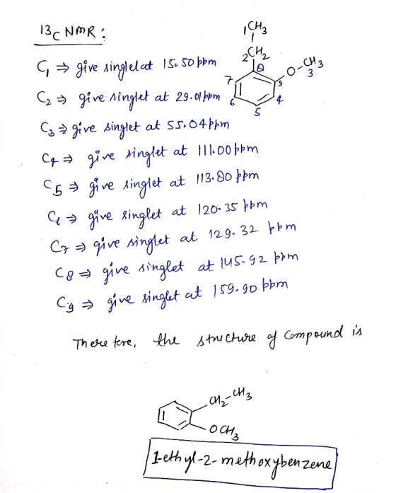 13C NMR: G → give singlelat 156 so bom G = give singlet at 29.01 tom I C=give singlet at 55.04ppm C4 + give singlet at 11.00