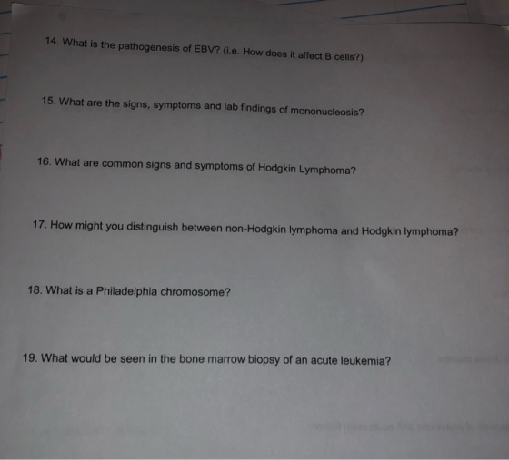 14. What is the pathogenesis of EBV? (i.e. How does it affect B cells?) 15. What are the signs, symptoms and lab findings of