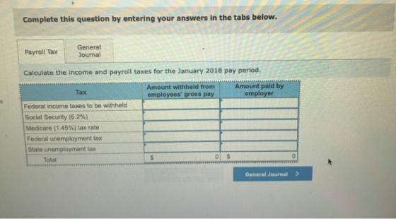 Complete this question by entering your answers in the tabs below. Payroll Tax General Journal Calculate the income and payro