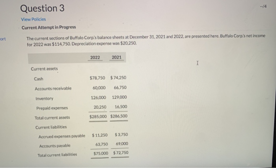 --/4 Question 3 View Policies Current Attempt in Progress The current sections of Buffalo Corps balance sheets at December 3