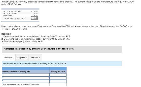 Haver Company currently produces component RX5 for its sole product. The current cost per unit to manufacture the required 50