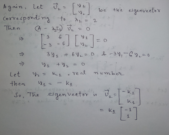 be the eigenvector to 2 2 Again, let 3 [5. corresponding (A - AIZ) = 0 66] [] Then 3 > 3 त्र 34 + 6Y2 = 0 & -34, -64₂=0 7 + y