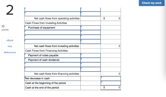 Check my work Net cash flows from operating activities Cash Flows from Investing Activities Purchase of equipment 10 points e