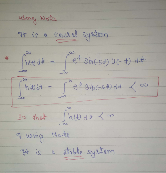 using Note It is a causal system 00 Thetat a et sin (-54) U ( t) det hat = retsin (-56) 2+ 200 . so that she do < a wing Note