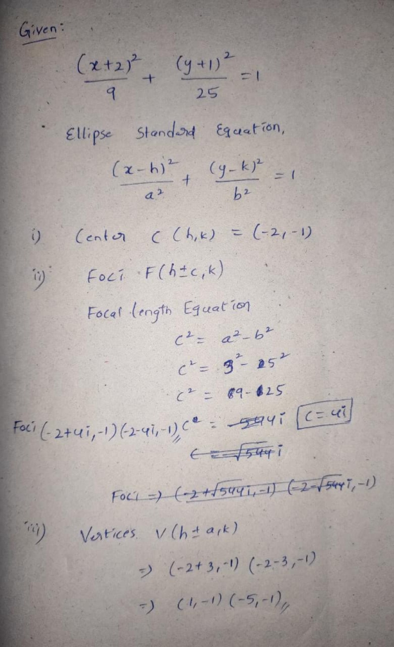 Foci (-2+41,-1) (-2-41,-1) Cesani (c=41) Given: (x+2)² 9 (y + 1)2 + 25 Ellipse Standard Equation, (x-hi? (y_k² 6² + a 2 0 Cen