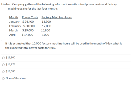 Herbert Company gathered the following information on its mixed power costs and factory machine usage for the last four month