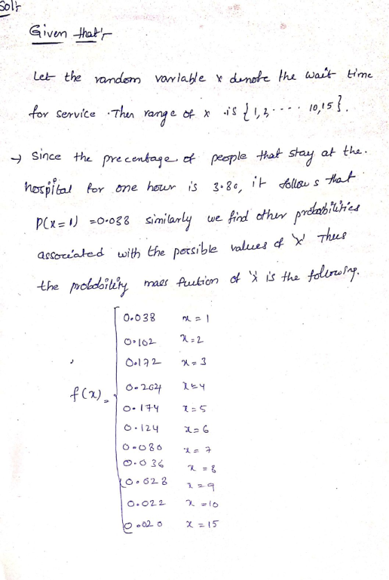 Sol? Given thol Let the vandem vorlable daneke the wait time for Service Thn .-10,5 → Since the pre cental peop le that stay at tha horpital for one hou is 3.8, it óleus hat acorta ed with the por9ble valuudy 0.032