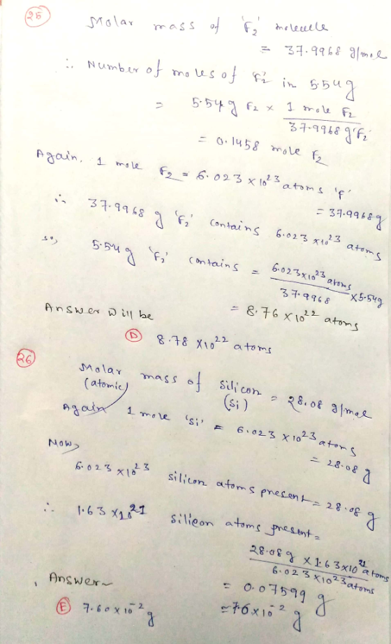 mass of , eula 37.9968 9m Molar Number 0f mo us of ri in &5u 1 mele F 0.1458 mole Aain 1 6.023 x lo3 atoms f F2 31-998 37.996