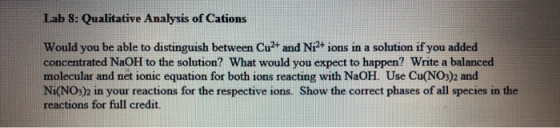 Lab 8: Qualitative Analysis of Cations Would you be able to distinguish between Cu2+ and Ni2+ ions in a solution if you added