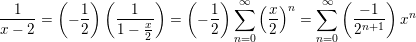 \small \frac{1}{{x - 2}} = \left( { - \frac{1}{2}} \right)\left( {\frac{1}{{1 - \frac{x}{2}}}} \right) = \left( { - \frac{1}{2}} \right)\sum\limits_{n = 0}^\infty {{{\left( {\frac{x}{2}} \right)}^n}} = \sum\limits_{n = 0}^\infty {\left( {\frac{{ - 1}}{{{2^{n + 1}}}}} \right){x^n}}