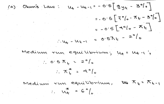 (aj Okuns Lain : - 14-1=-0.5 [ gye - 3 % 2.0.5[7°%- At- = -0.5 [49%-át .. ..44-ut- = 0:57- 2° 0 Medium run equilibrium; u= u
