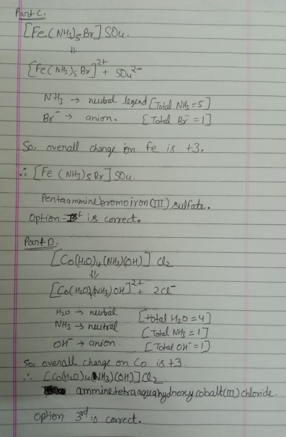 Part C. [Fe C NH3 g Br] Sou. {fe C NHS) s Br] 27 sou NH3 → hubal legend (Total NUR =5] Br ₃ anion. [Total Br = 1] So, overall