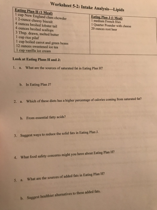 Worksheet 5-2: Intake Analysis-Lipids Eating Plan H (1 Meal) 1 cup New England clam chowder 1 2-ounce cheesy biscuit 4 ounces