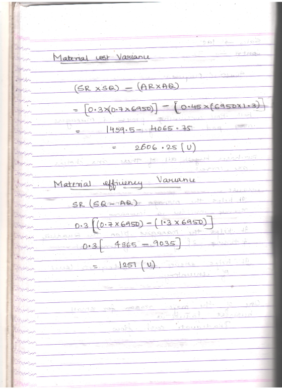 Material cost Variance SR xs®) - (ARXAQ) = [0.3%{0-786950)] - (0-45 x(6950x123) e 1459.5– 4065.75 hoa serie : : 2606.25 (0)