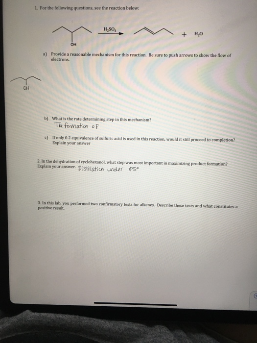 1. For the following questions, see the reaction below: H.SO + H,0 a) Provide a reasonable mechanism for this reaction. Be su