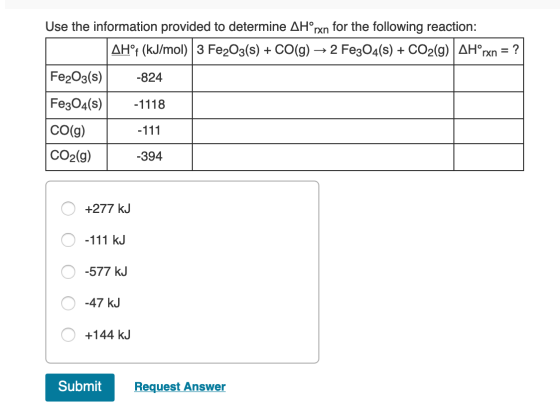 Use the information provided to determine AH°rxn for the following reaction: AHºf (kJ/mol) 3 Fe2O3(s) + CO(g) → 2 Fe3O4(s) +