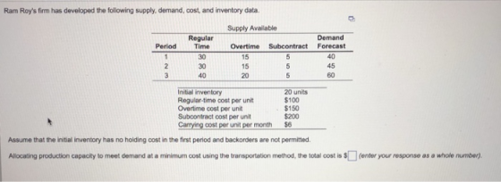 Ram Roys firm has developed the following supply, demand, cost, and inventory data Supply Available Regular Time 30 30 40 Demand Period Overtime Subcontract Forecast 15 15 20 40 45 60 Initial inventory Regular-time cost per unit Overtime cost per unit Subcontract cost per unit Carrying cost per unit per month 20 units $100 $150 $200 $6 Assume that the initial inventory has no holding cost in the first period and backorders are not permitted Allocating production capacity to meet demand at a minimum cost using the transportation method, the total cost is srenter your response as a whole number.