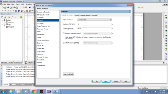 - a x Transient Design2 - Multisim - [Design2 *] Eile Edit View Place MCU Simulate to Analyses and Simulation O M 6 % E é Act