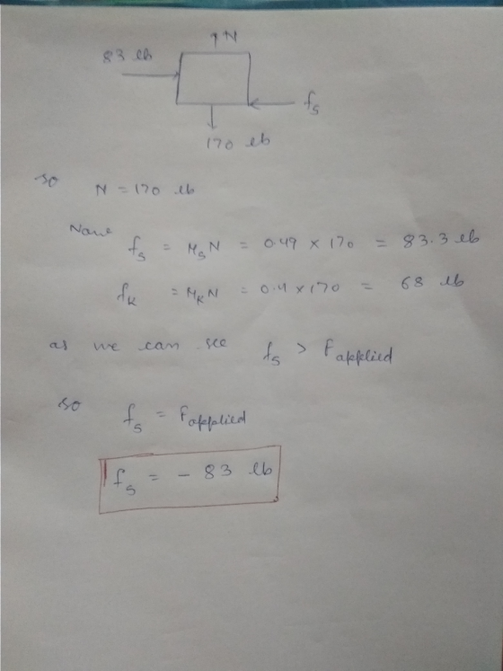 IN 83 ch 170 eb so N = 190 lb Nowe fa = MN = 0.49 x 170 f. = = 83.3 el M fk = MAN = 0.nx170 = 68 lb as we can see da > Fappli