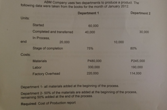 ABM Company uses two departments to produce a product. The following data were taken from the books for the month of January