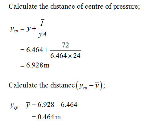 Calculate the distance of centre of pressure; TA 6.464 + 6.928m 72 6.464 × 24 Calculate the distance (vp -y): jcp-у = 6.928-6