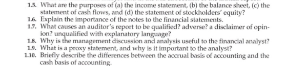 1.5. What are the purposes of (a) the income statement, (b) the balance sheet, (c) the statement of cash flows, and (d) the s