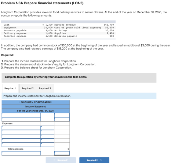 Problem 1-3A Prepare financial statements (LO1-3) Longhorn Corporation provides low-cost food delivery services to senior cit