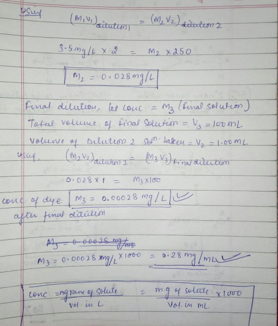 usuf (mio - (M₂ V2) ditutions 3.5 mg/1 x 2 = M₂ x 250 M₂ = 0.028 mg/l Final dilution, let couc. = M3 (final solution) Total v