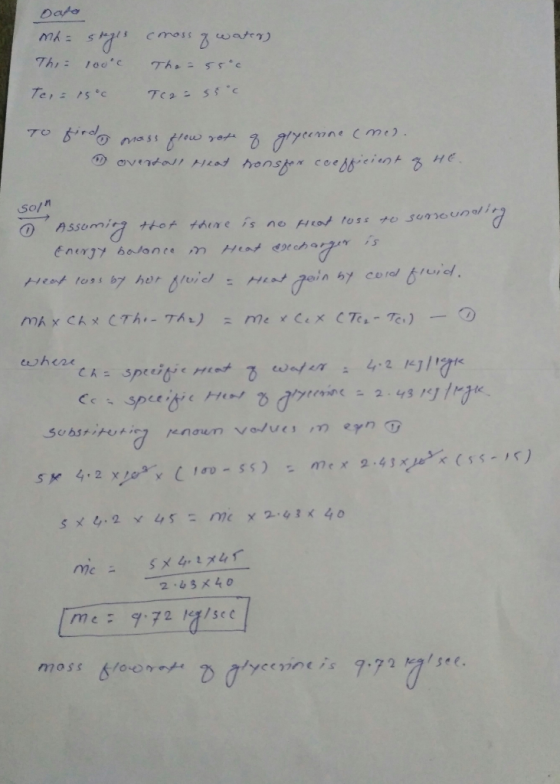 Date m2 = Steges Thi: 100°c Tc, = 5°C comoss of water) The = 55°c TC2 = 55°c To find mass flow rate of glycerine cm I overtal