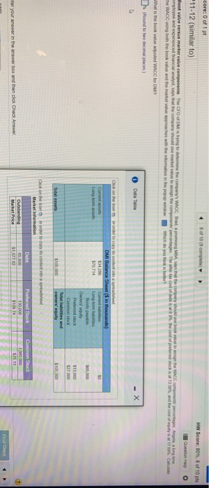 core: 0 of 1 pt 11-12 (similar to) HW Score: 8 of 10 pts Bok valve verster value componente WACC MA c ha WACC A long time Wh