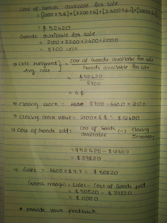 cost af (noods available foa sale 52420 Choods available fon sale 2t00+ 2200 t 2400 t2000 of Ghoods avci labe fos sale plnit neighted2 Cost Cro ods available 4, 52 420 shoc ーラーclosing. Stock-talu e-一2100x6$ t $12600 Cost. oelgoods -god:--available closing Iovento (-) 三一429820 Gaoioss masgin- sales- cost af Goods old 5028 20 4-39820 : 411000 t pomovide yous feed lback