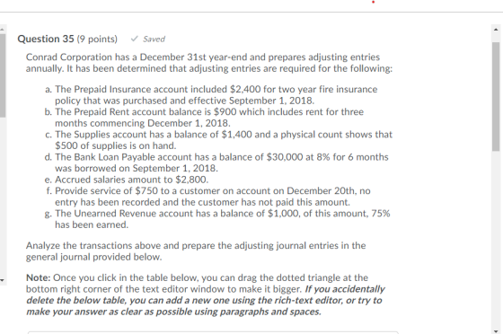 Question 35 (9 points) Saved Conrad Corporation has a December 31st year-end and prepares adjusting entries annually. It has