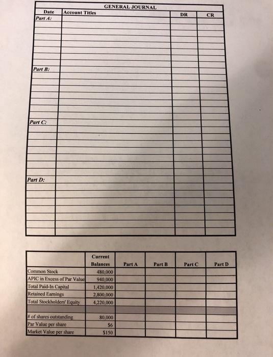 GENERAL JOURNAL Account Titles Date Part 4: CR Part B: Part C Part D: Current Balances Part A Part B Part C Part D Common Sto