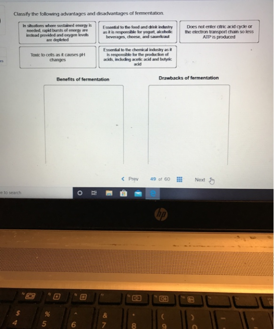 Classify the following advantages and disadvantages of fermentation In situations where sustained energy is needed, rapid bur